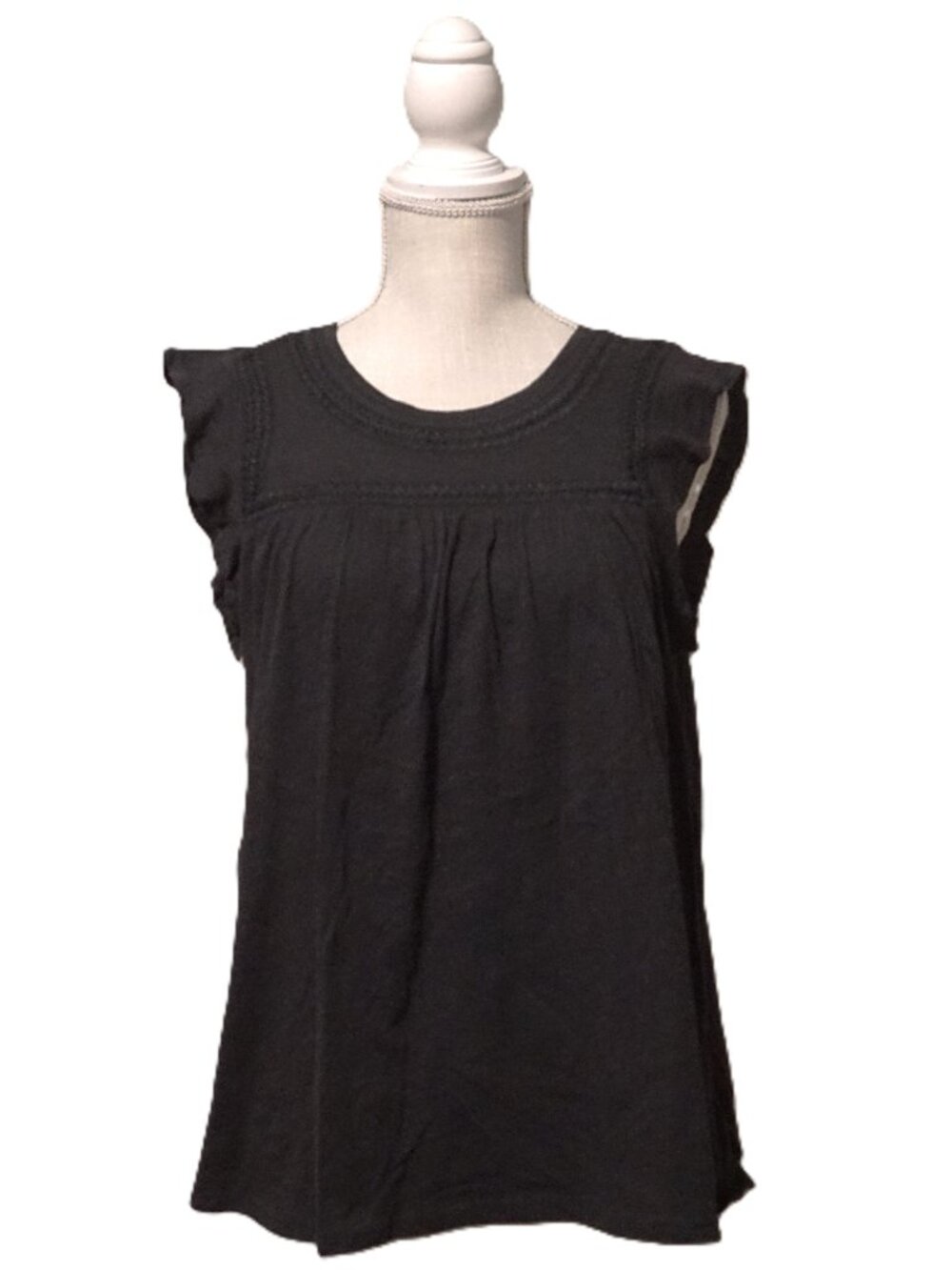 Lucky Brand Black Tee Embroidered Bib Detail Ruffle Cap Sleeve Women’s Medium